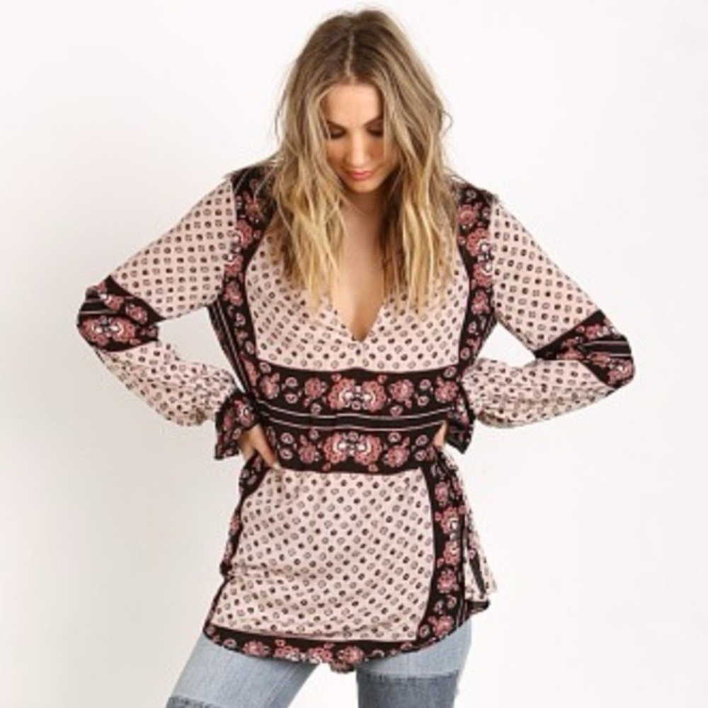 Free People Red and Cream Relaxed Graphic Tunic